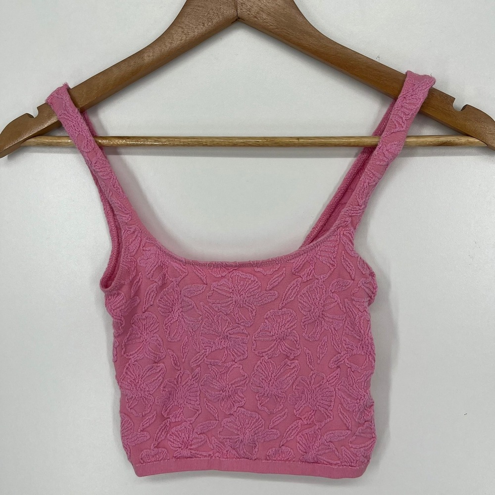 Anthropologie Pink Floral Textured Scoop Neck Crop Top Tank Womens XXS/XS